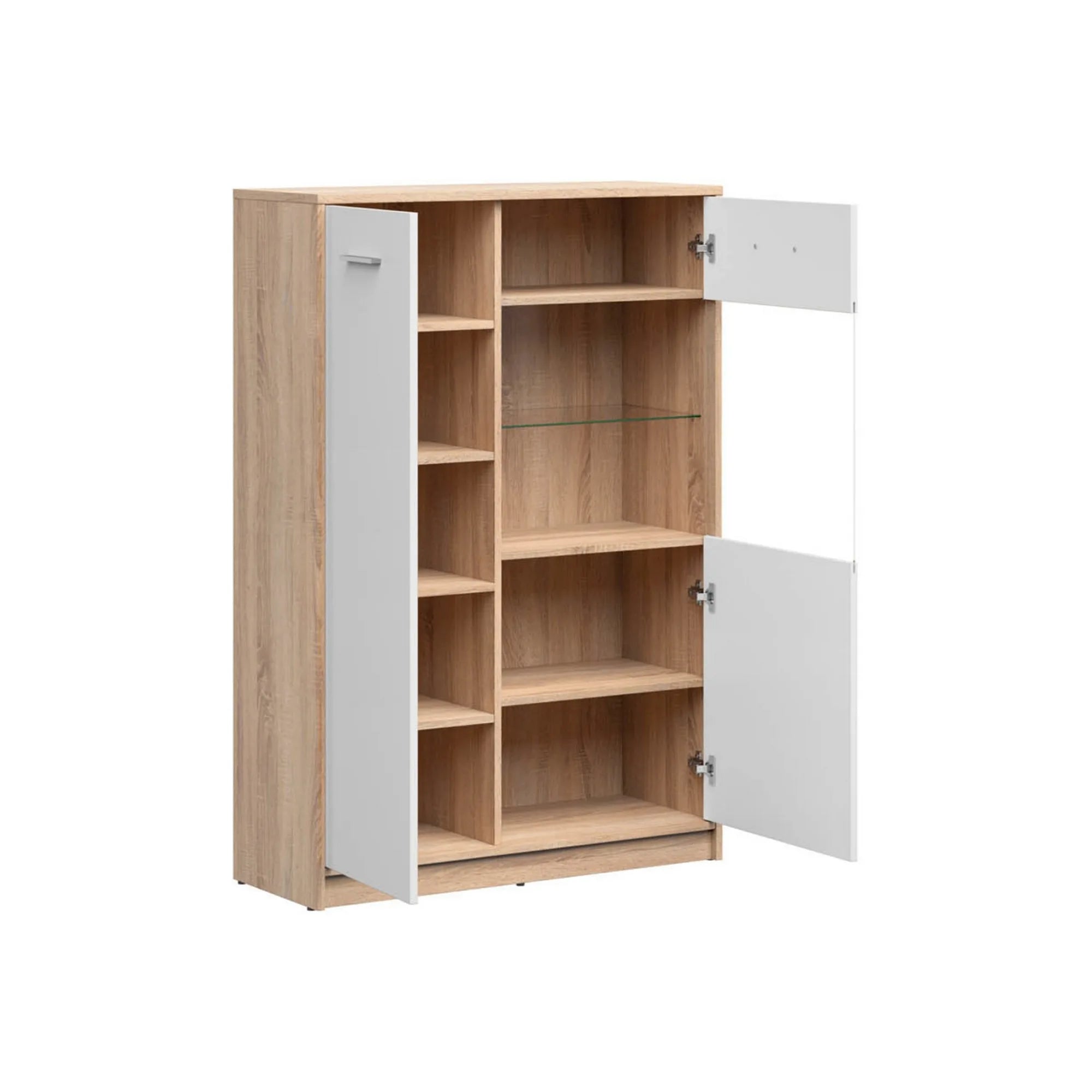 Vitrina NEPO PLUS, stejar sonoma/alb, PAL laminat/sticla securizata, 90x34x132 cm