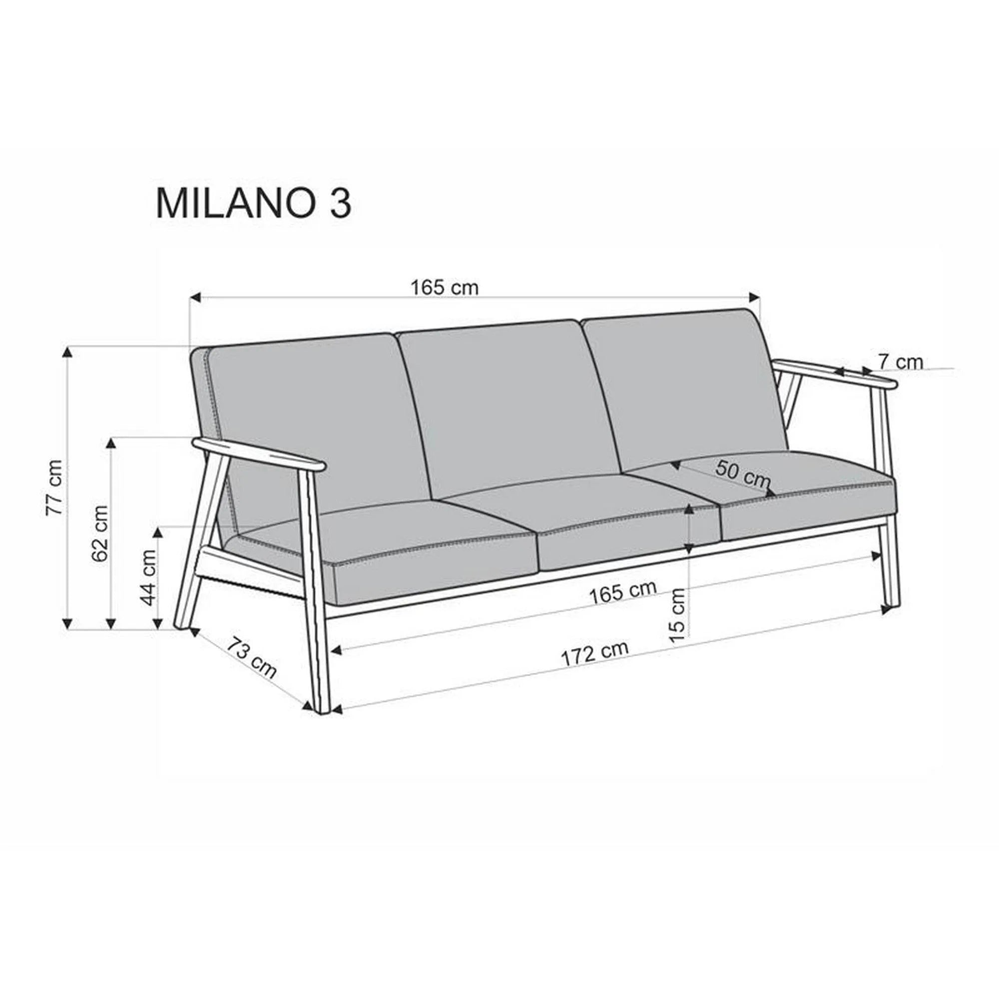 Canapea MILANO 3S, verde olive/nuc, stofa clasica/lemn, 175x77x77 cm