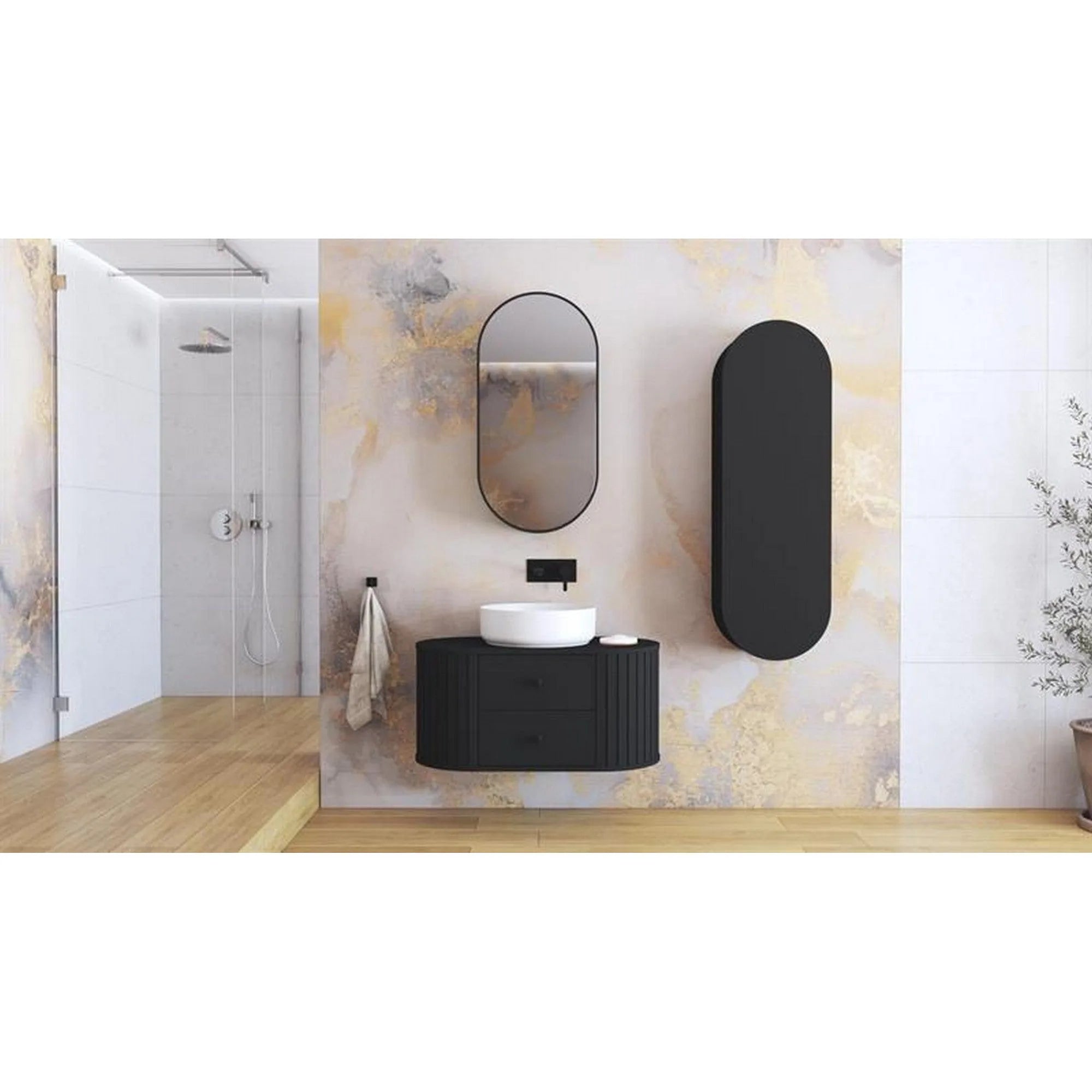 Dulap baie VENEZIA, negru mat, PAL laminat, cu oglinda, 48x19x95 cm