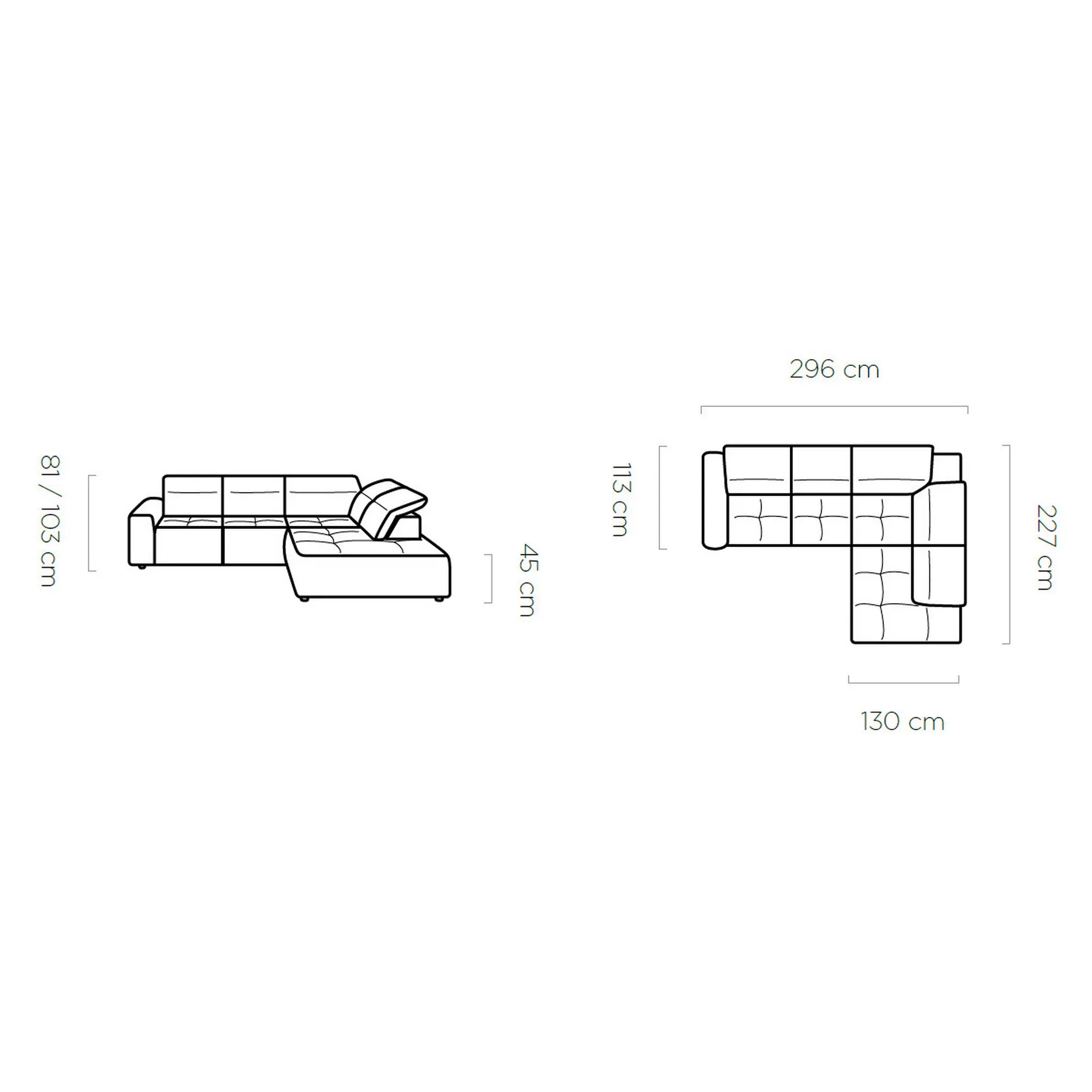 Coltar COLOMBO L, sezlong dreapta, stofa catifelata rosu bordo - Crown 06, Gama Premium, cu reglaj electric, tetiere reglabile si lada depozitare, 296x227x103 cm