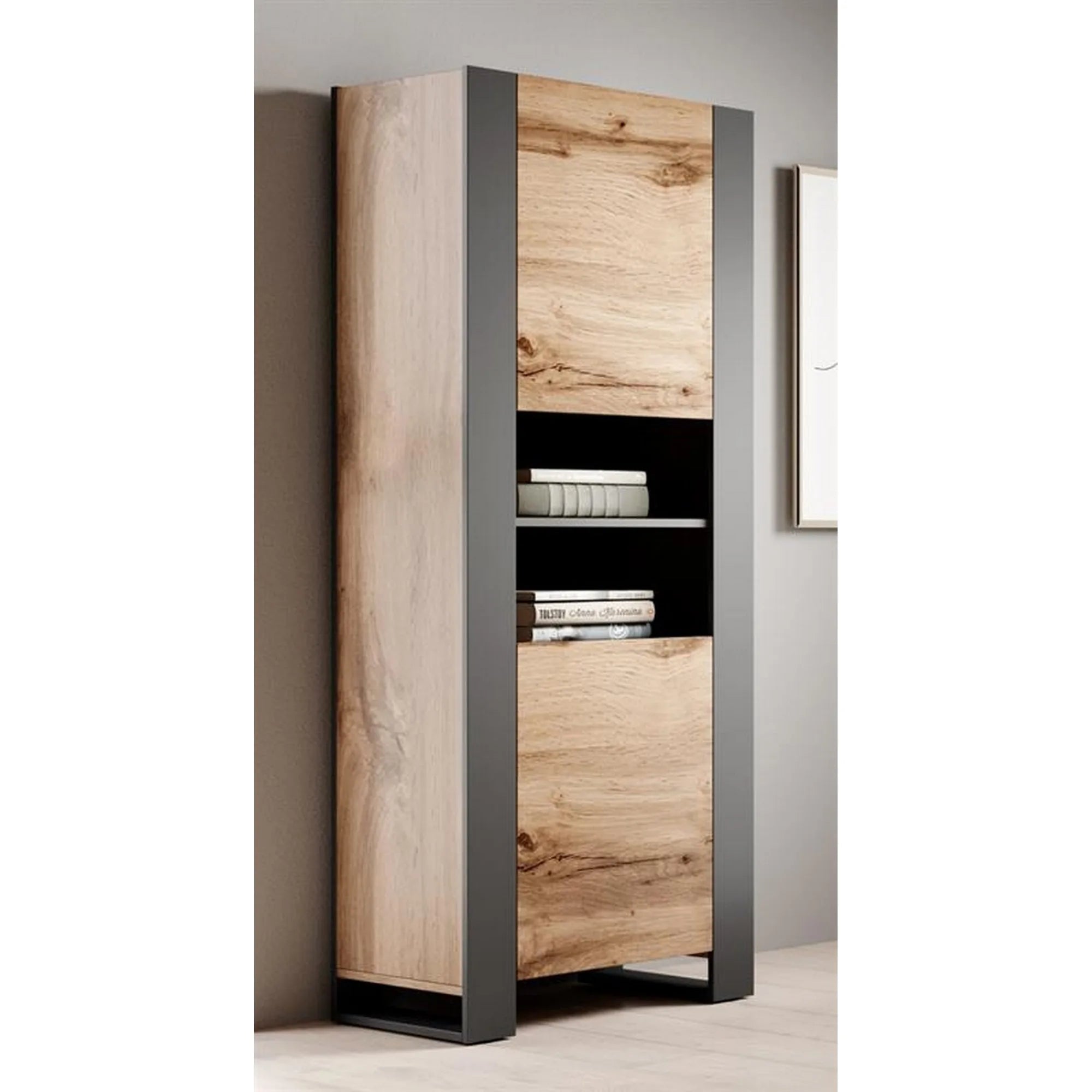 Vitrina WOOD, stejar/gri antracit, PAL laminat, 65x40x171 cm