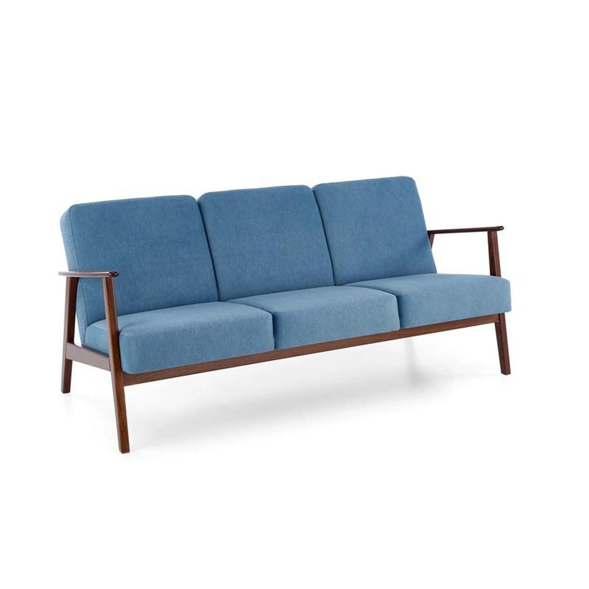 Canapea MILANO 3S, albastru/nuc, stofa clasica/lemn, 175x77x77 cm