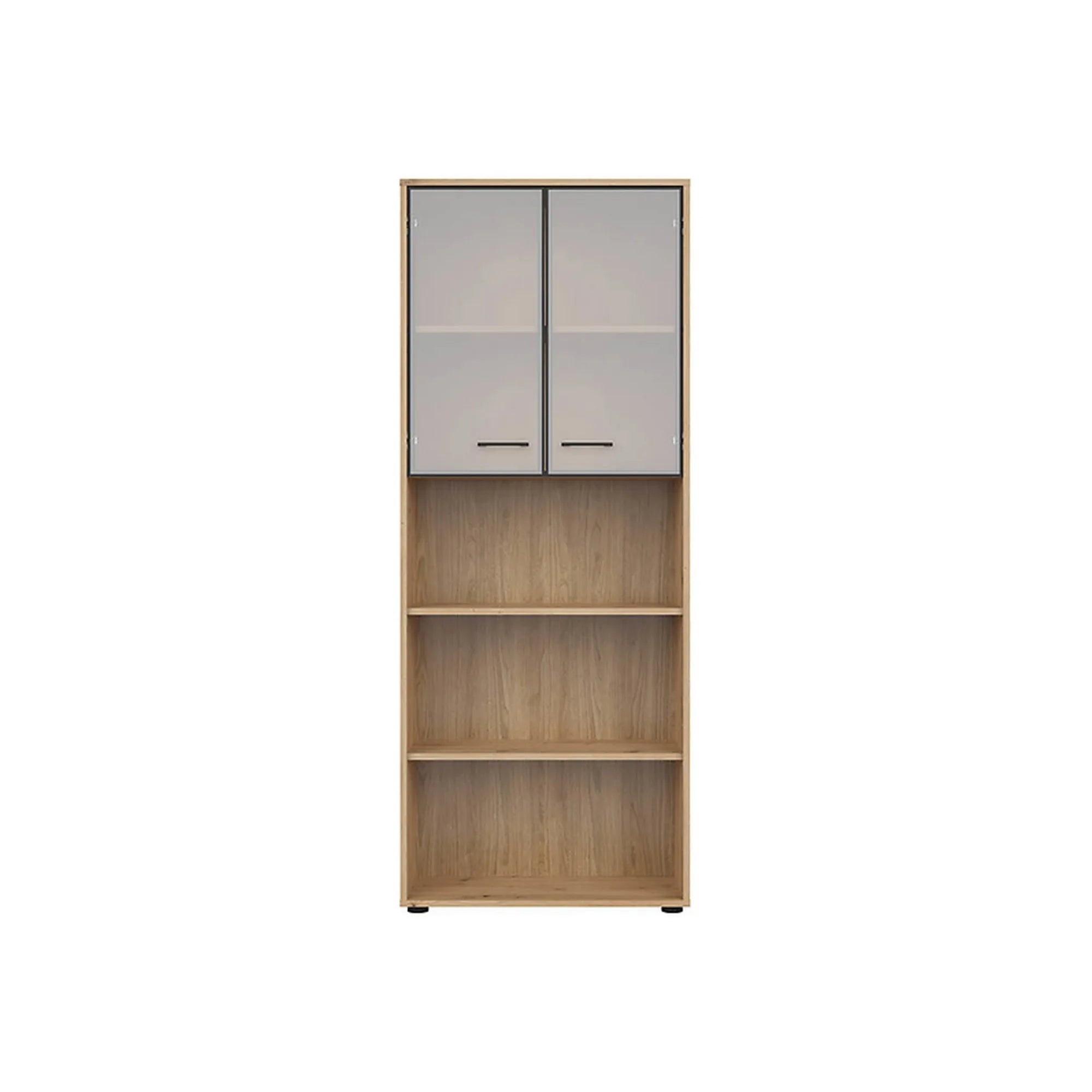 Vitrina SPACE OFFICE, stejar artisan/negru fumuriu, PAL laminat/sticla, cu 2 usi si 3 rafturi, 80x38x203 cm