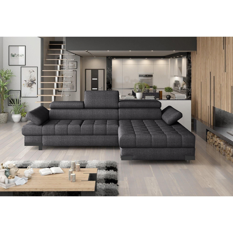 Coltar extensibil SELVA MINI, sezlong dreapta, stofa gri antracit - Salvador 15, Gama Premium, cu lada depozitare si tetiere reglabile, 270x173x95 cm