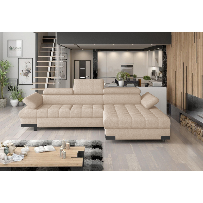 Coltar extensibil SELVA MINI, sezlong dreapta, stofa catifelata bej - Palladium 02, Gama Premium, cu lada depozitare si tetiere reglabile, 270x173x95 cm