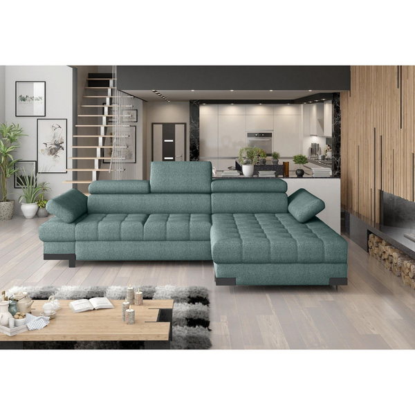 Coltar extensibil SELVA MINI, sezlong dreapta, stofa catifelata verde menta - Salvador 12, Gama Premium, cu lada de depozitare si tetiere reglabile, 270x173x95 cm