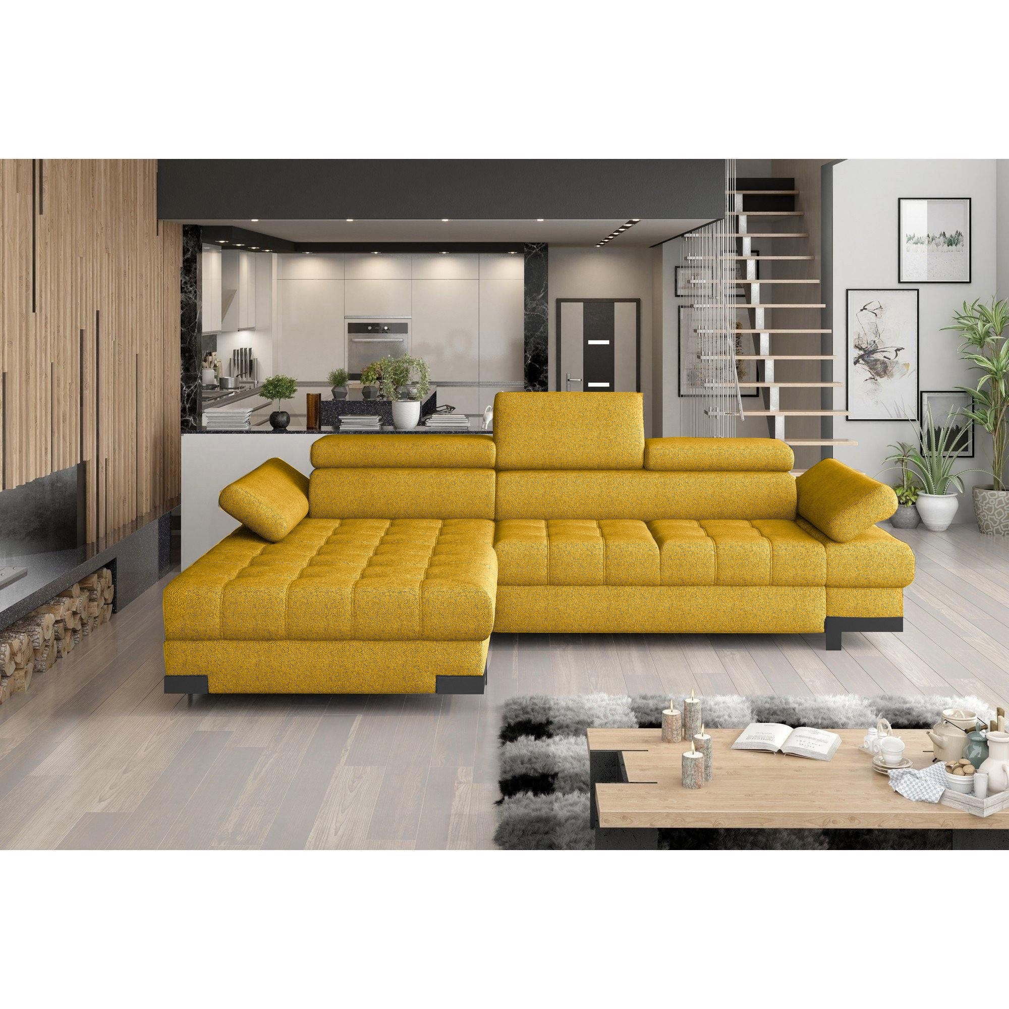 Coltar extensibil SELVA MINI, sezlong stanga, stofa catifelata galben - Terra 48, Gama Premium, cu lada depozitare, 270x173x95 cm