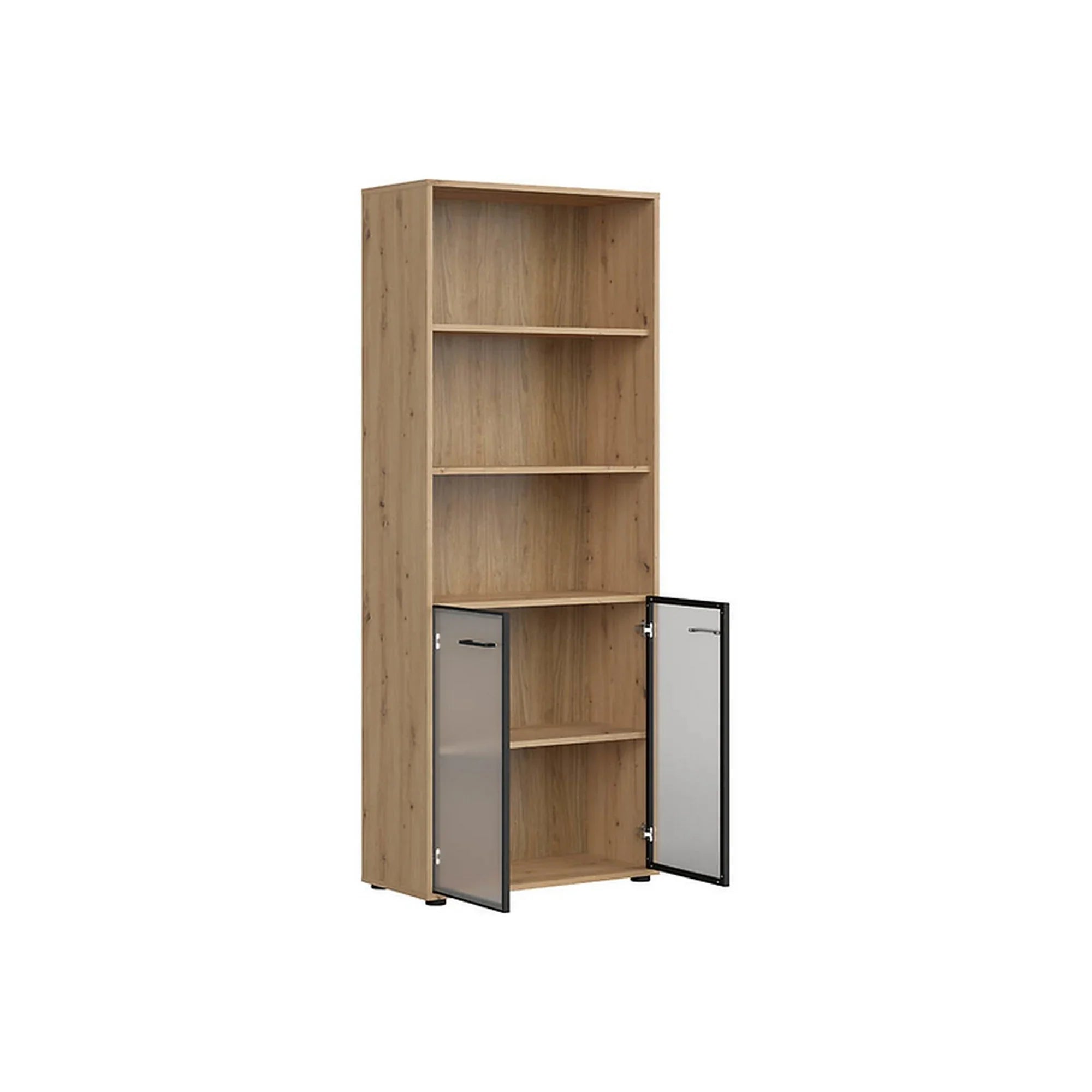 Vitrina SPACE OFFICE, stejar artisan/negru fumuriu, PAL laminat/sticla, cu 2 usi si 3 rafturi, 80x38x203 cm