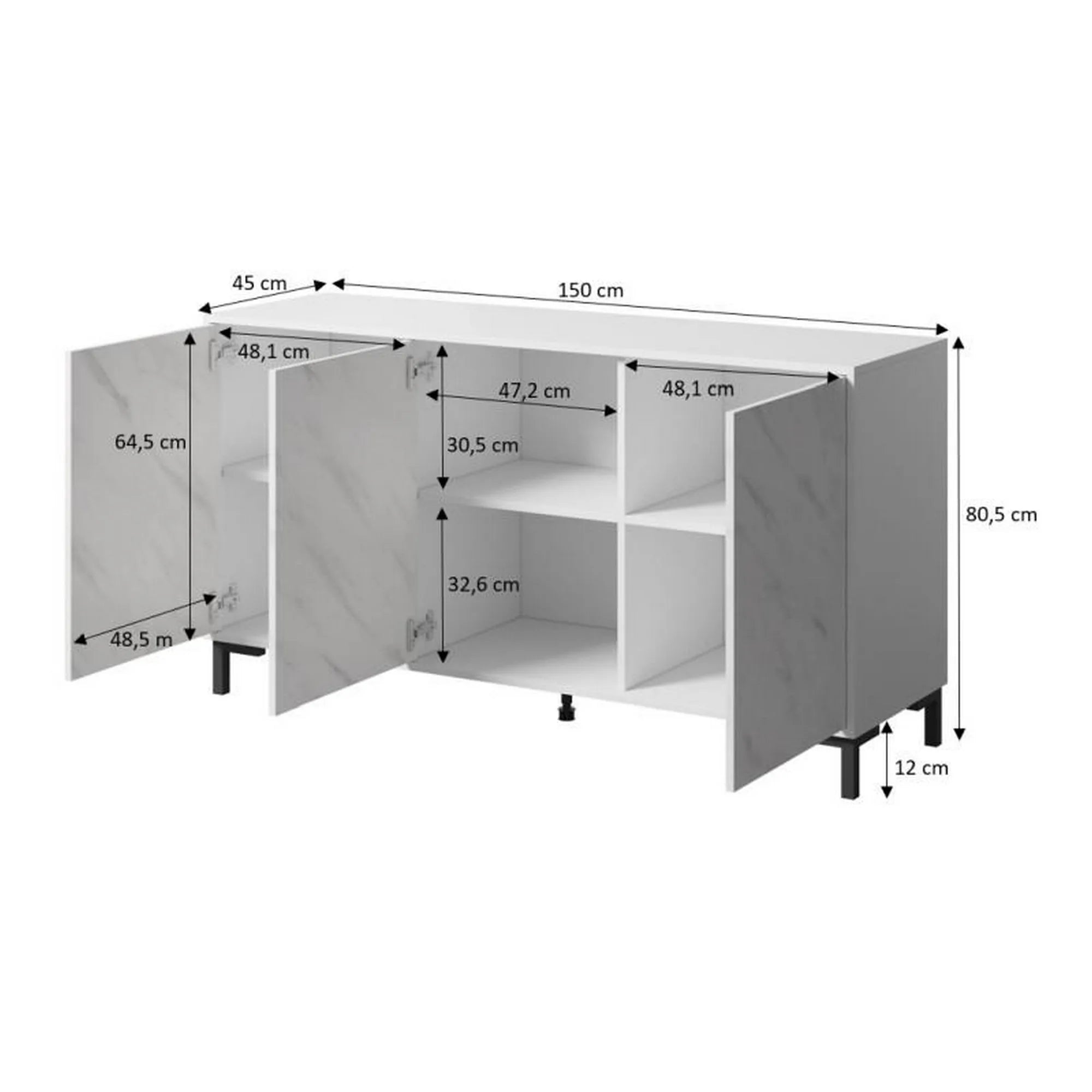 Comoda MARMO, alb/alb cu efect de marmura, PAL laminat, 150x45x81 cm
