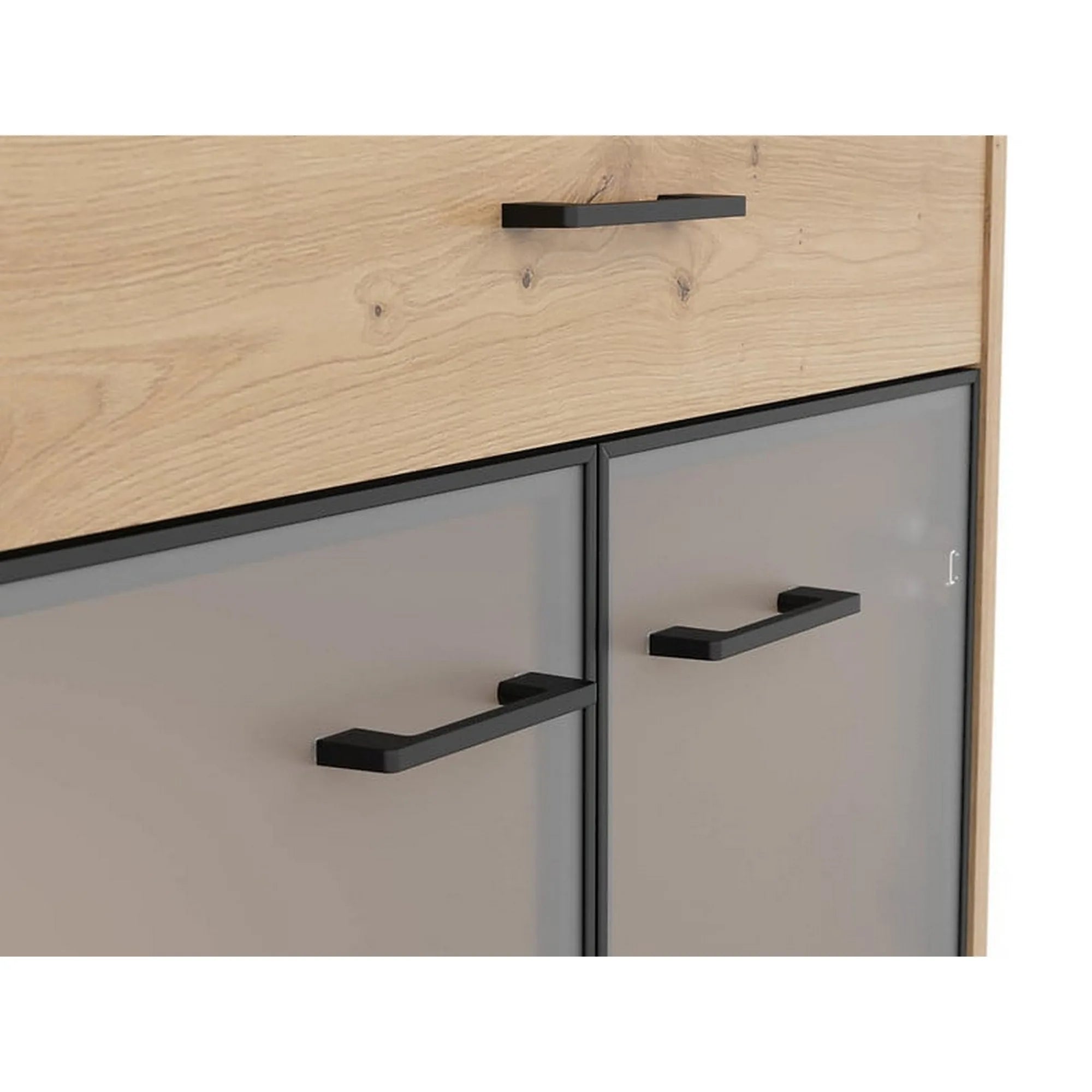 Vitrina SPACE OFFICE, stejar artisan/negru fumuriu, PAL laminat/sticla, cu 2 usi si 2 sertare, 80x38x122 cm