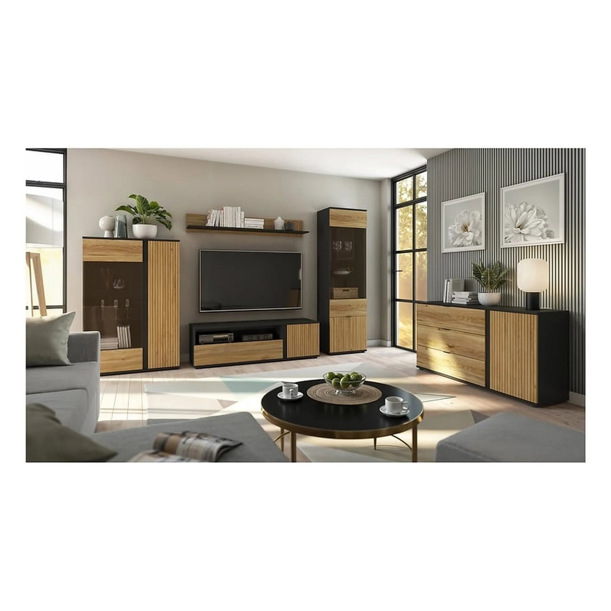 Vitrina LUEN, stejar/negru, PAL laminat/sticla securizata, cu 3 usi, 70x40x196 cm