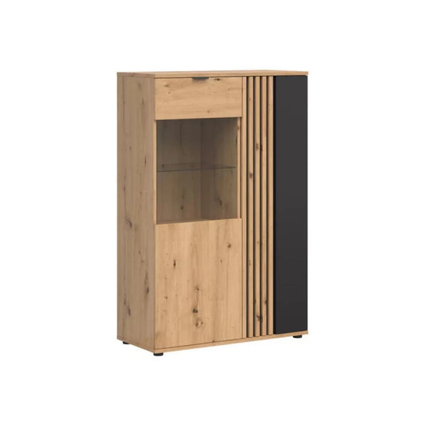 Vitrina VABRES, stejar artisan/negru mat, PAL laminat/sticla, 91x40x138 cm
