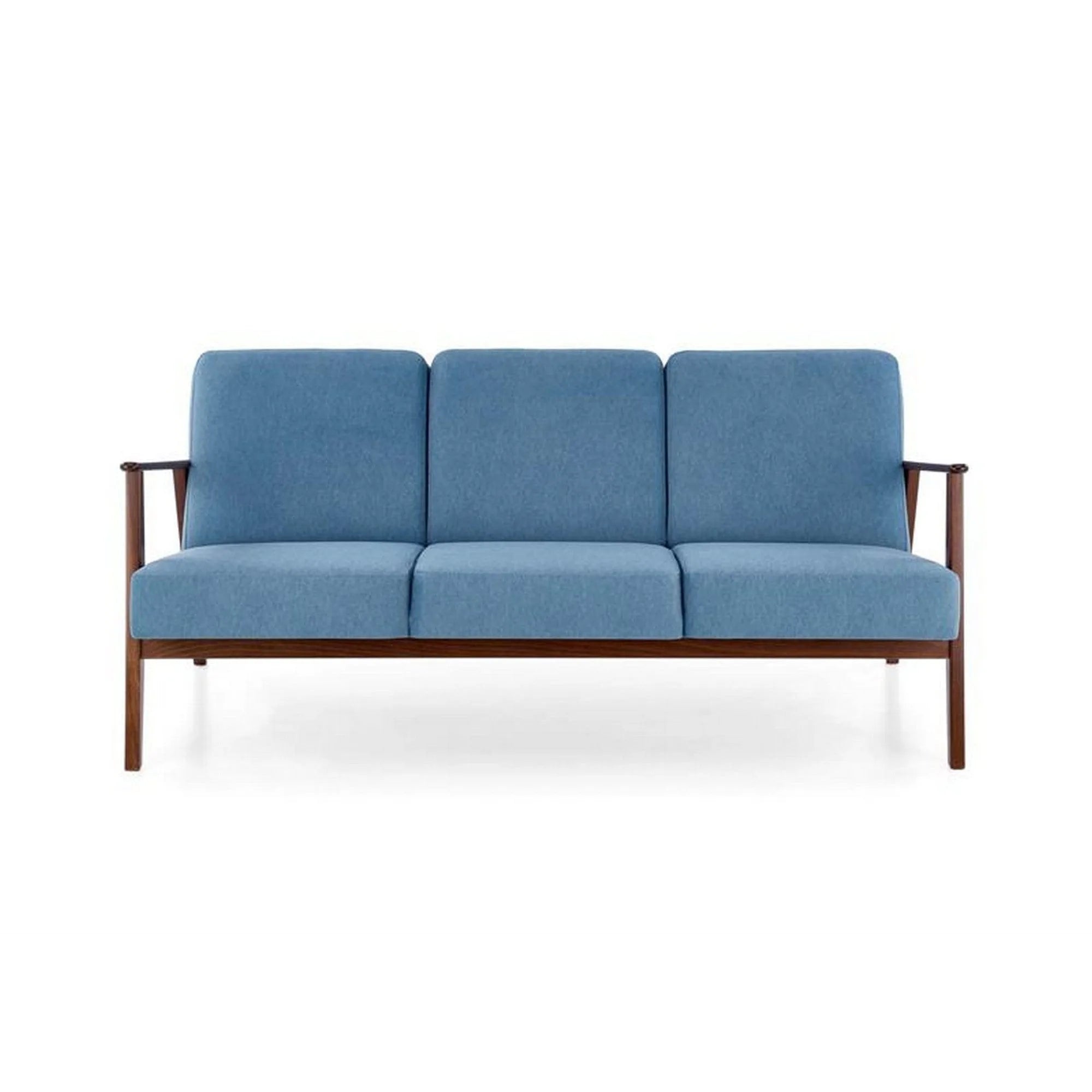 Canapea MILANO 3S, albastru/nuc, stofa clasica/lemn, 175x77x77 cm