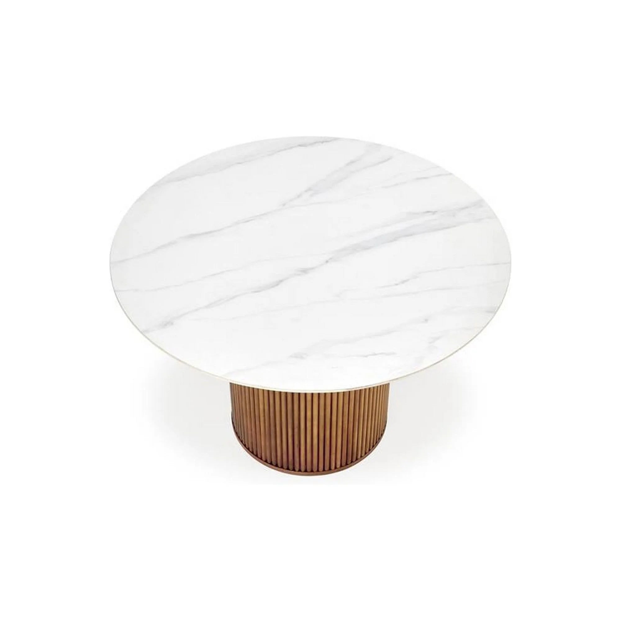 Masa BRUNO, alb cu efect de marmura/nuc, 120x120x76 cm