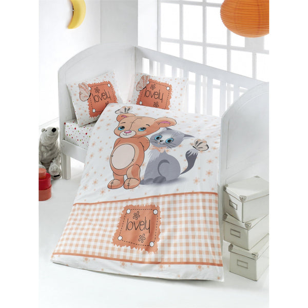 Set lenjerie pat pentru copii Mouse and Cat, bumbac ranforce 100%, alb/imprimeu animale, 100 x 150 cm + 2 fete de perna
