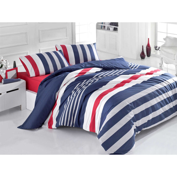 Set lenjerie pat dublu Stripe, bumbac satinat 100%, rosu/bleumarin, 200 x 220 cm + 2 fete de perna