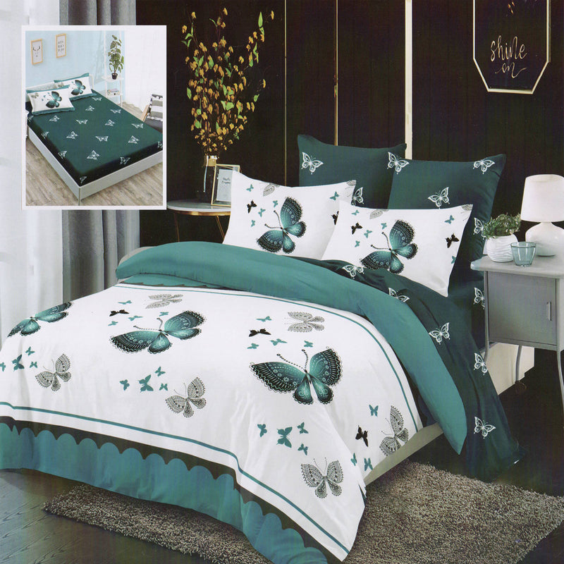 Set lenjerie pat finet HF6P121, material textil, alb/verde, 160-180x200 cm, cu husa pat, cearceaf pilota si 4 fete de perna