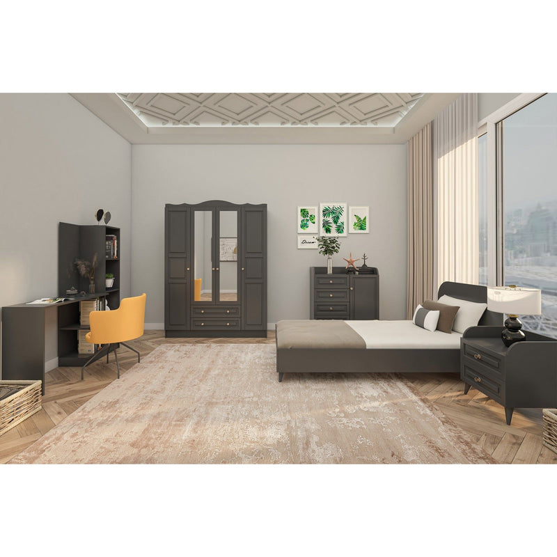 Set dormitor TANGO 620, gri antracit, cu pat 90x190, dulap cu 4 usi si 2 sertare, noptiera, birou si comoda