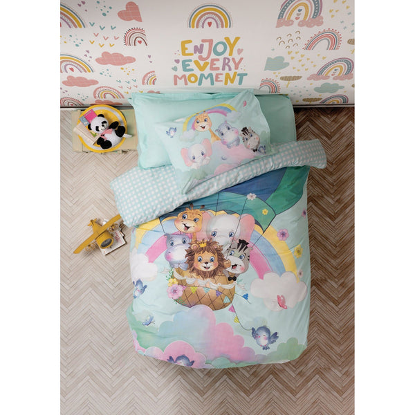 Set lenjerie pat pentru copii CUTE ANIMALS, bumbac, multicolor, 160x240 cm, cu cearceaf pat, cearceaf pilota si fata de perna