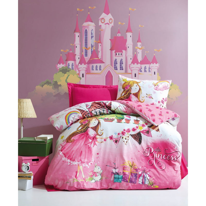 Set lenjerie pat pentru copii PRINCESS, bumbac, roz, 160x240 cm, cu cearceaf pat, cearceaf pilota si fata de perna