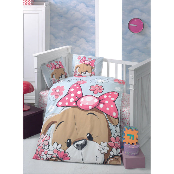 Set lenjerie pat pentru copii Sevimli, bumbac satinat 100%, albastru/roz, 100 x 150 cm + 2 fete de perna