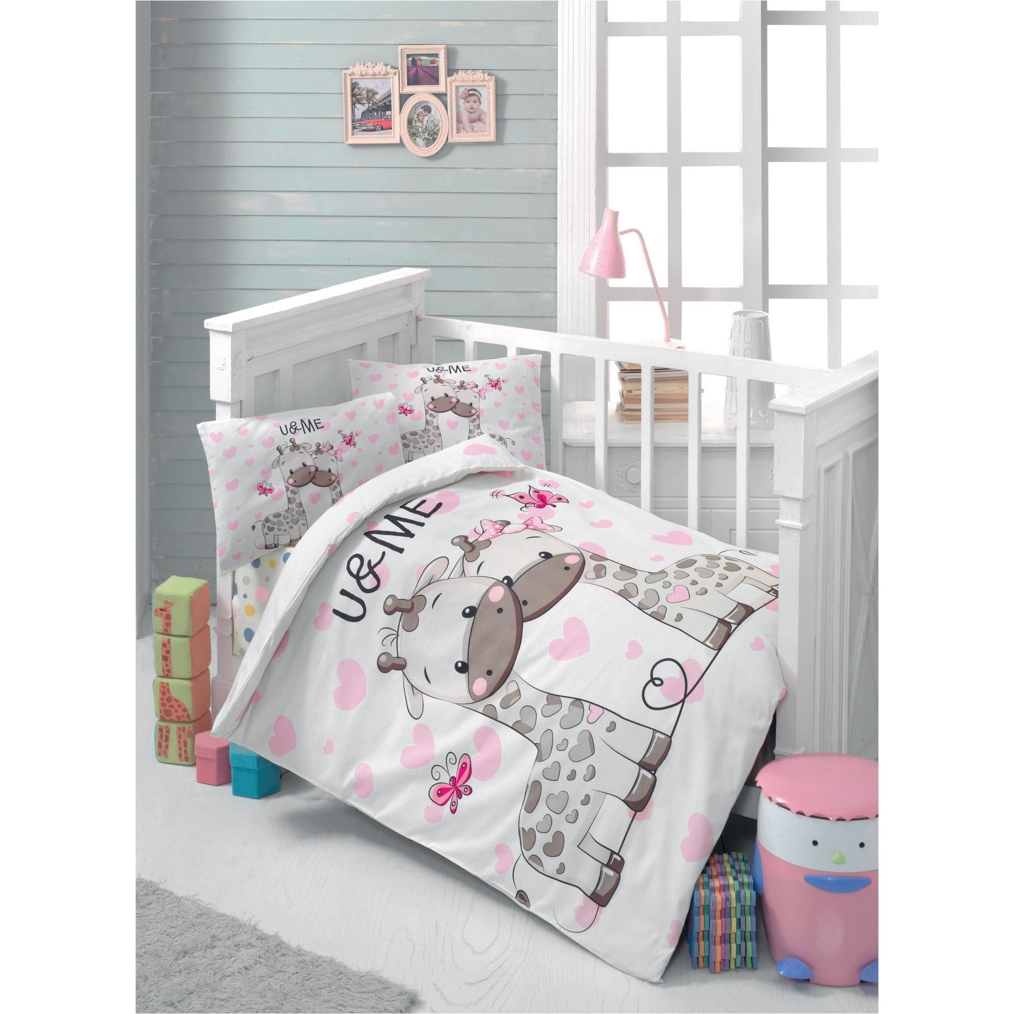 Set lenjerie pat pentru copii SWEET, bumbac, alb/roz, 100x150 cm, cu cearceaf pat, cearceaf pilota si 2 fete de perna