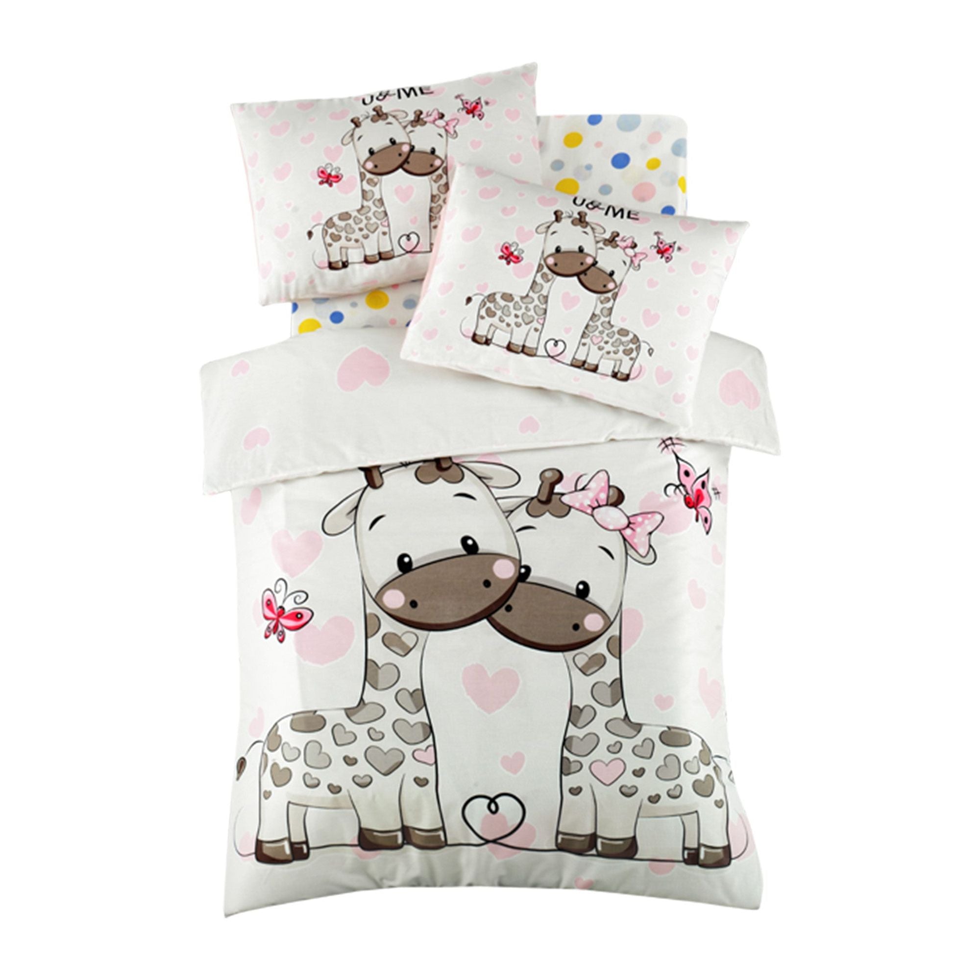 Set lenjerie pat pentru copii SWEET, bumbac, alb/roz, 100x150 cm, cu cearceaf pat, cearceaf pilota si 2 fete de perna