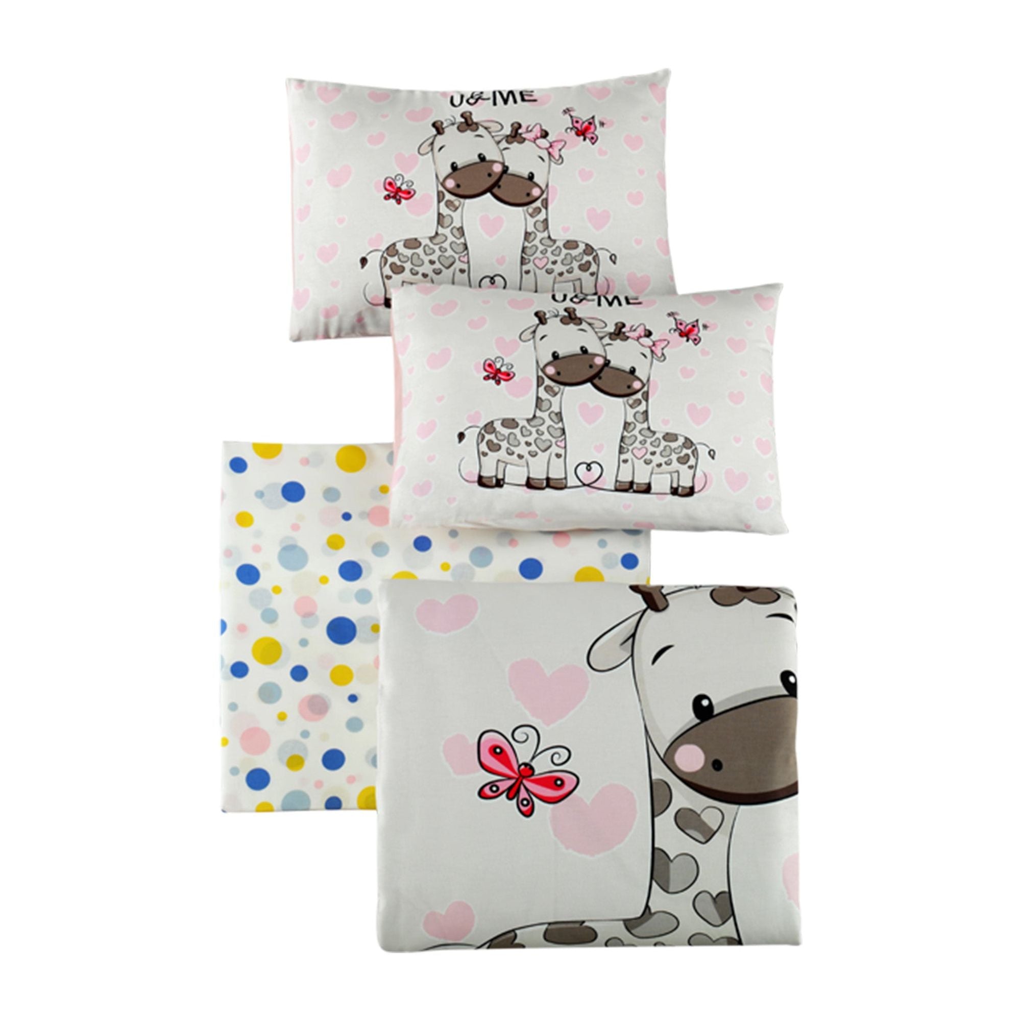 Set lenjerie pat pentru copii SWEET, bumbac, alb/roz, 100x150 cm, cu cearceaf pat, cearceaf pilota si 2 fete de perna