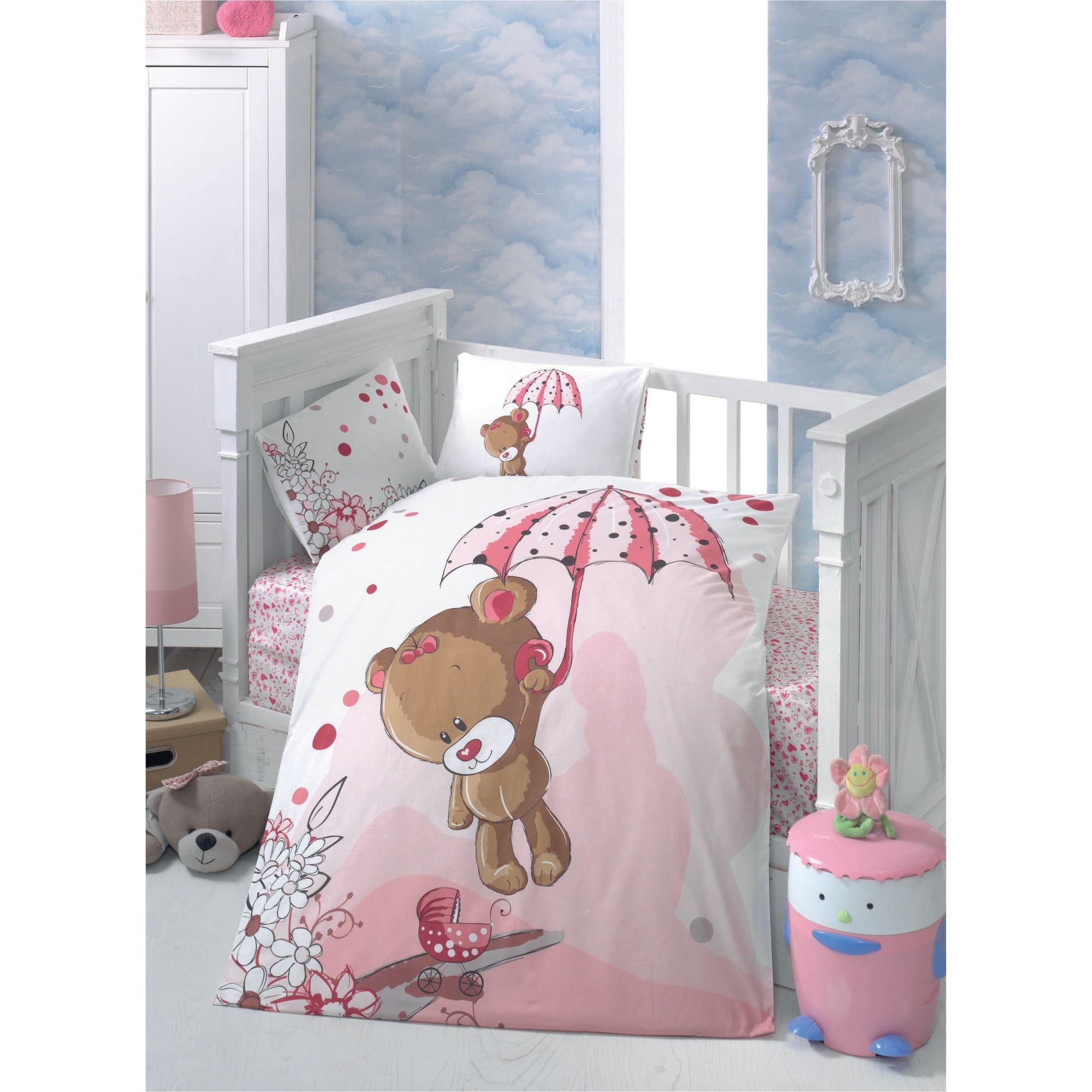 Set lenjerie pat pentru copii TON, bumbac, alb/roz, 100x150 cm, cu cearceaf pat, cearceaf pilota si 2 fete de perna