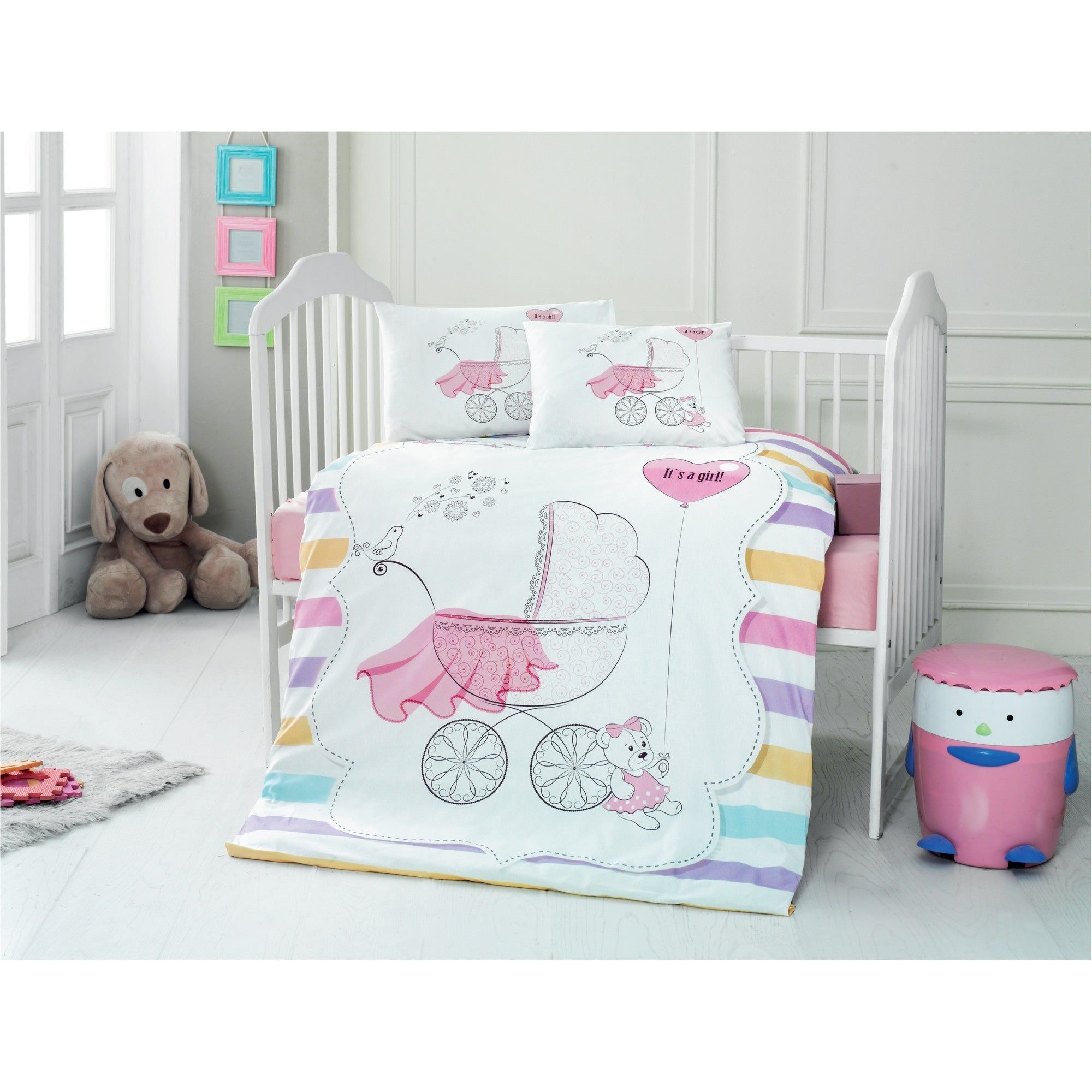 Set lenjerie pat pentru copii GIRL, bumbac, alb/roz , 100x150 cm, cu cearceaf pat, cearceaf pilota si 2 fete de perna