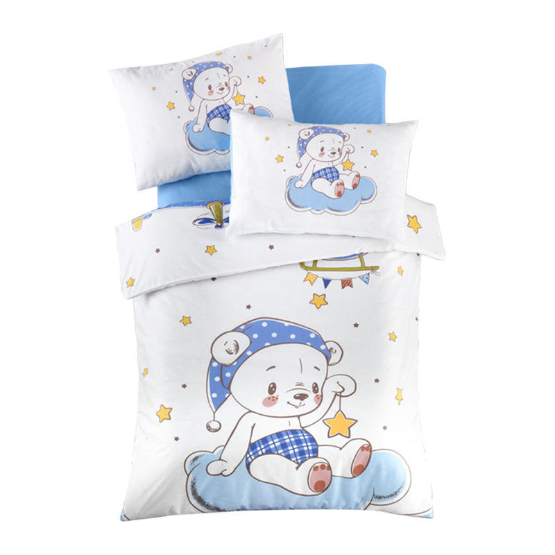 Set lenjerie pat pentru copii 170PTK2019, bumbac ranforce 100%, alb/albastru, 100 x 150 cm + 2 fete de perna