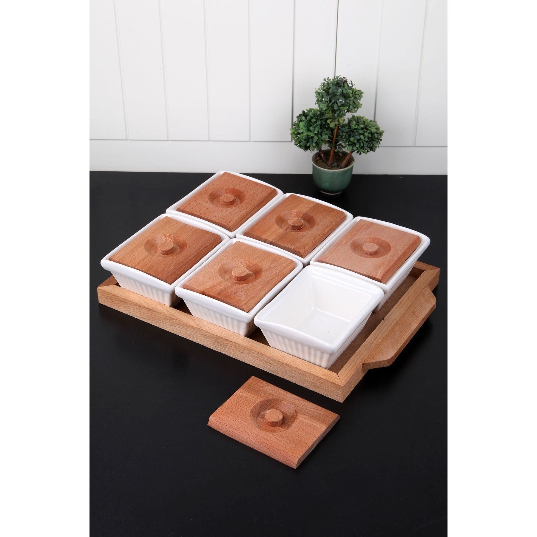 Set 6 boluri MRT-1, alb/stejar, portelan/lemn, cu tava, 32x22x7 cm
