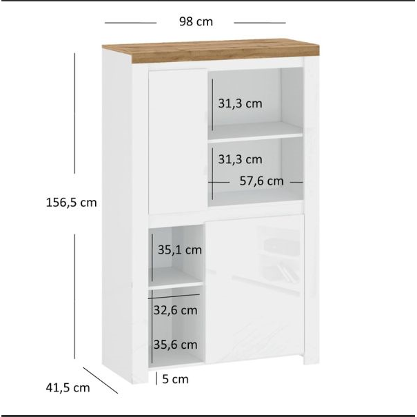 Comoda Vigo 2D, alb lucios/stejar wotan, 98x41,5x156,5 cm