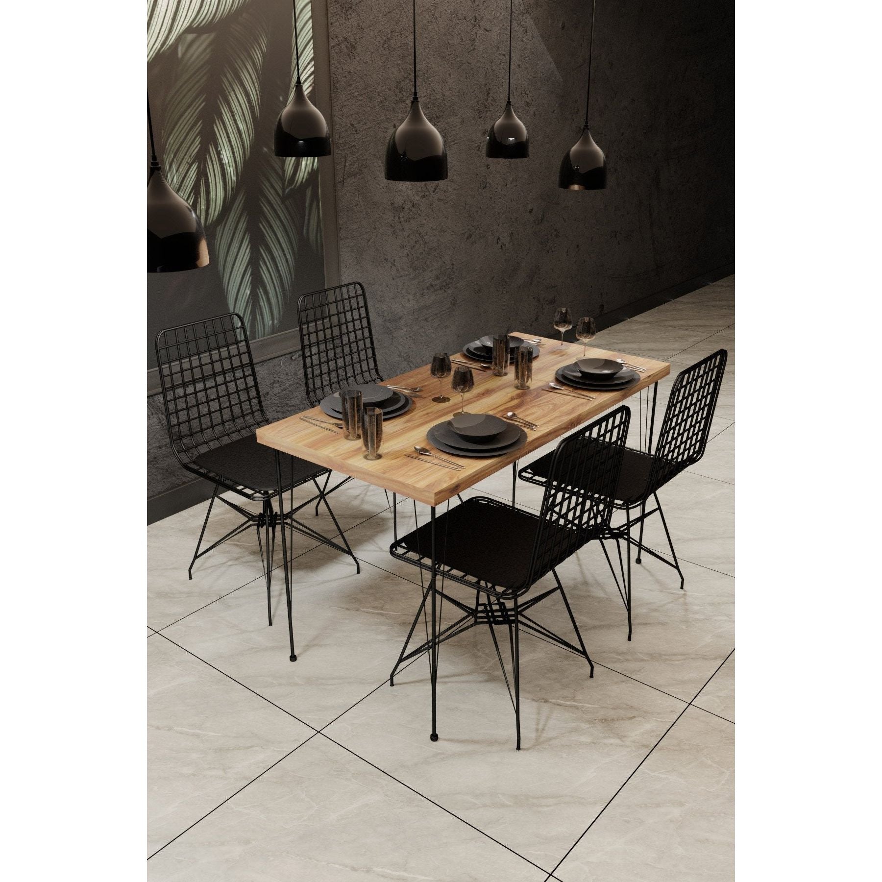 Set masa si 4 scaune NMSYMK001, stejar/negru, PAL melaminat/metal