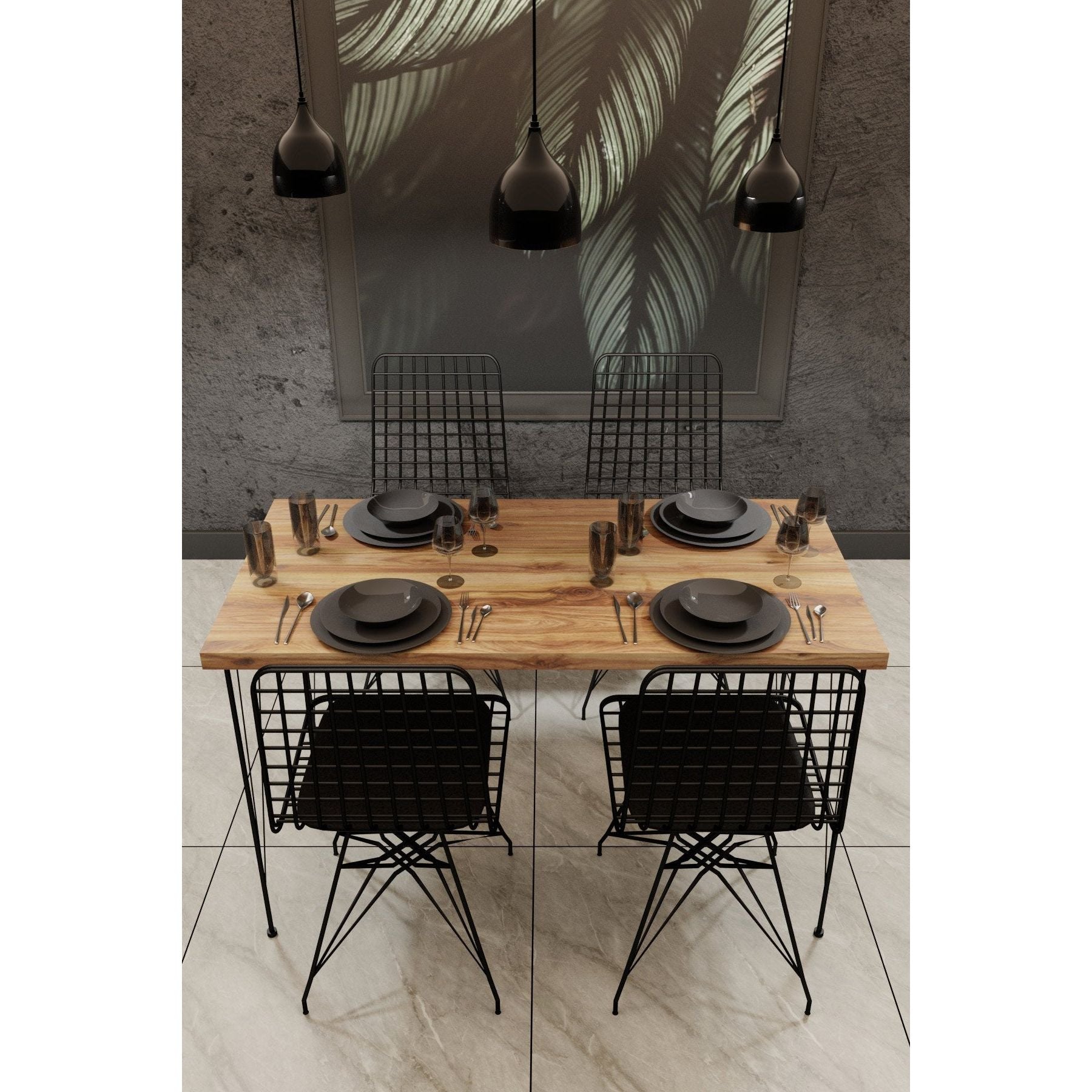 Set masa si 4 scaune NMSYMK001, stejar/negru, PAL melaminat/metal