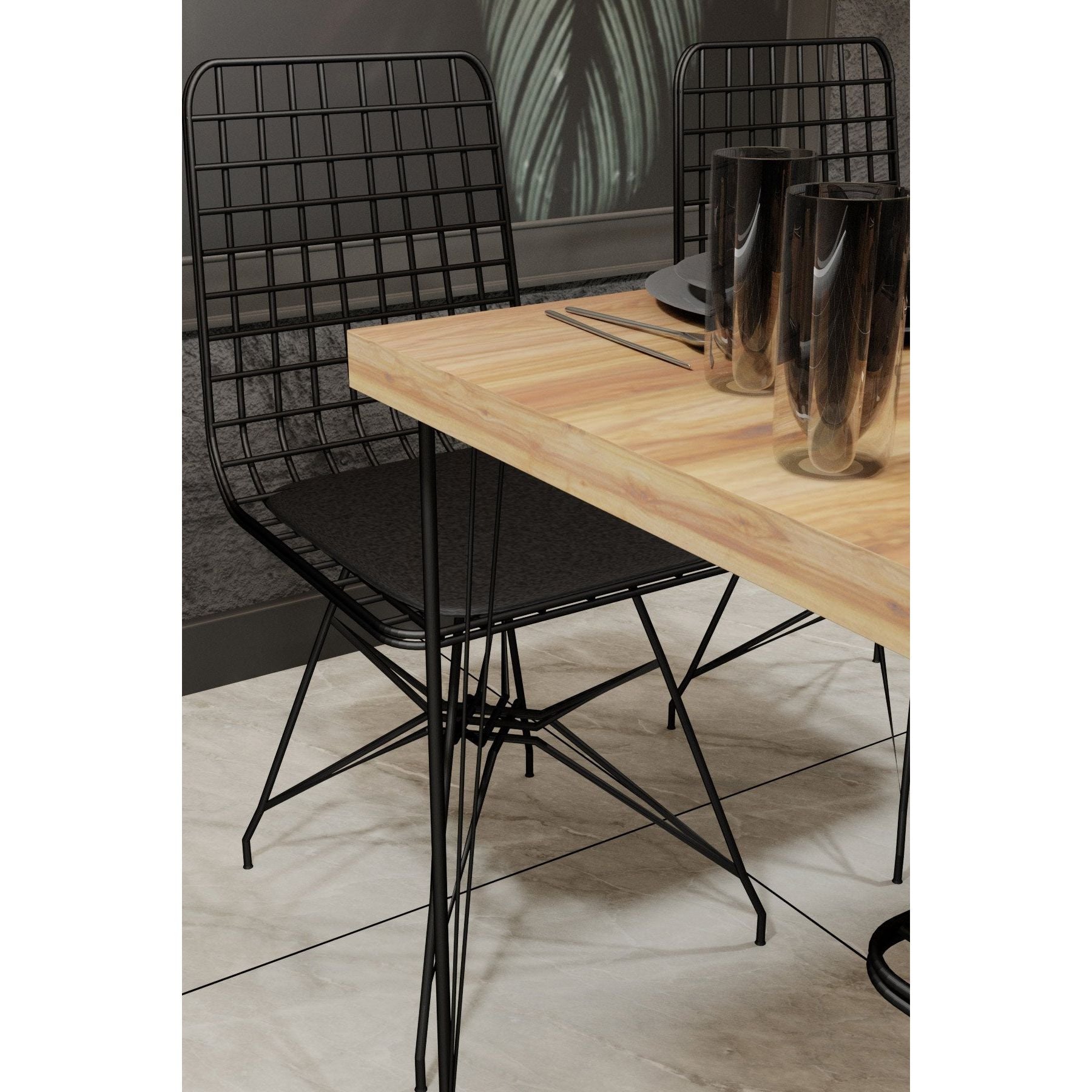 Set masa si 4 scaune NMSYMK001, stejar/negru, PAL melaminat/metal