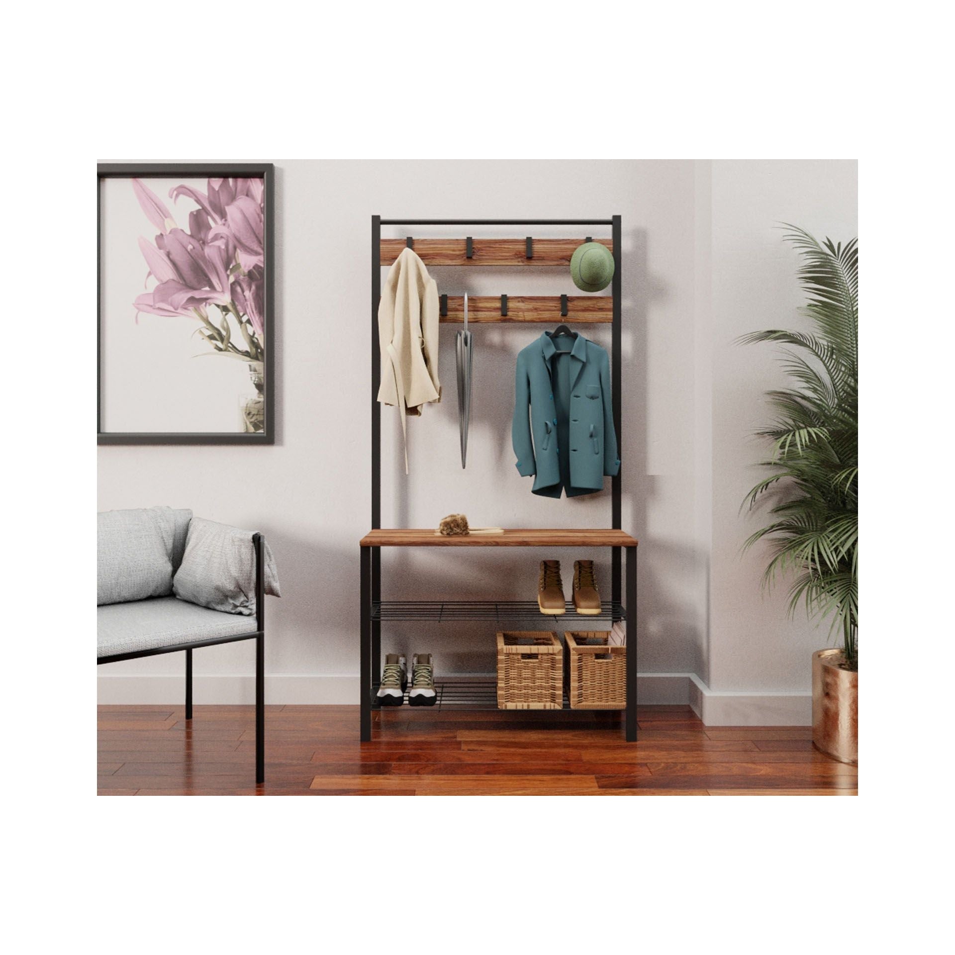 Mobilier hol 203DRG1701, nuc/negru, PAL melaminat/metal, 86x30x172 cm