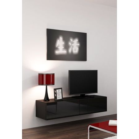Comoda TV cu 2 usi suspendata Vigo, negru/negru lucios, 140x40x30 cm