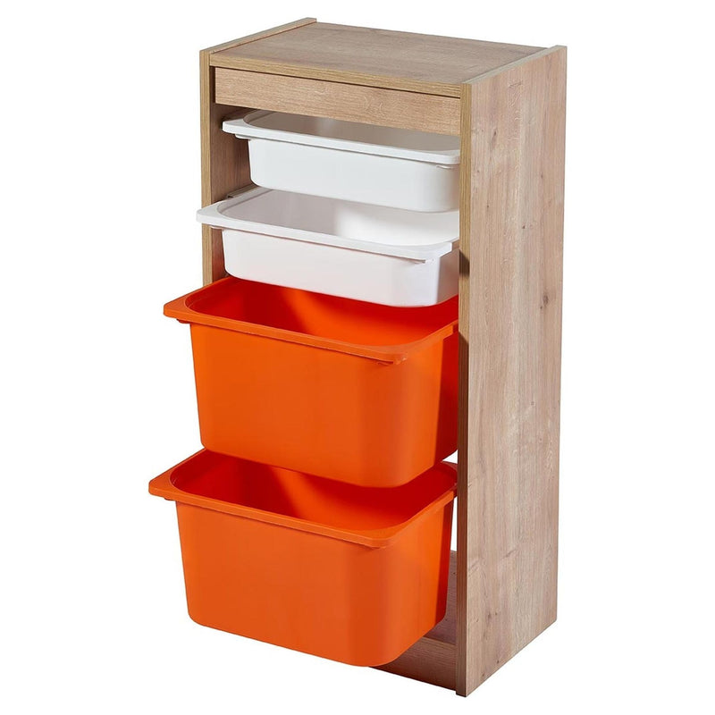 Comoda cu 4 cutii depozitare Tuvalle 058, stejar/alb/portocaliu, PAL/plastic, 47x31x95 cm