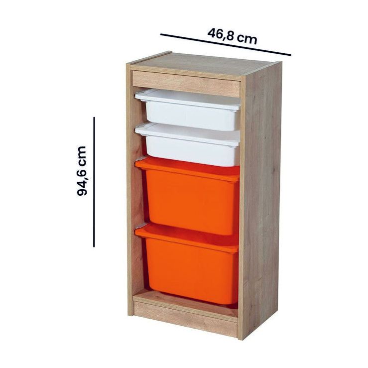 Comoda cu 4 cutii depozitare Tuvalle 058, stejar/alb/portocaliu, PAL/plastic, 47x31x95 cm