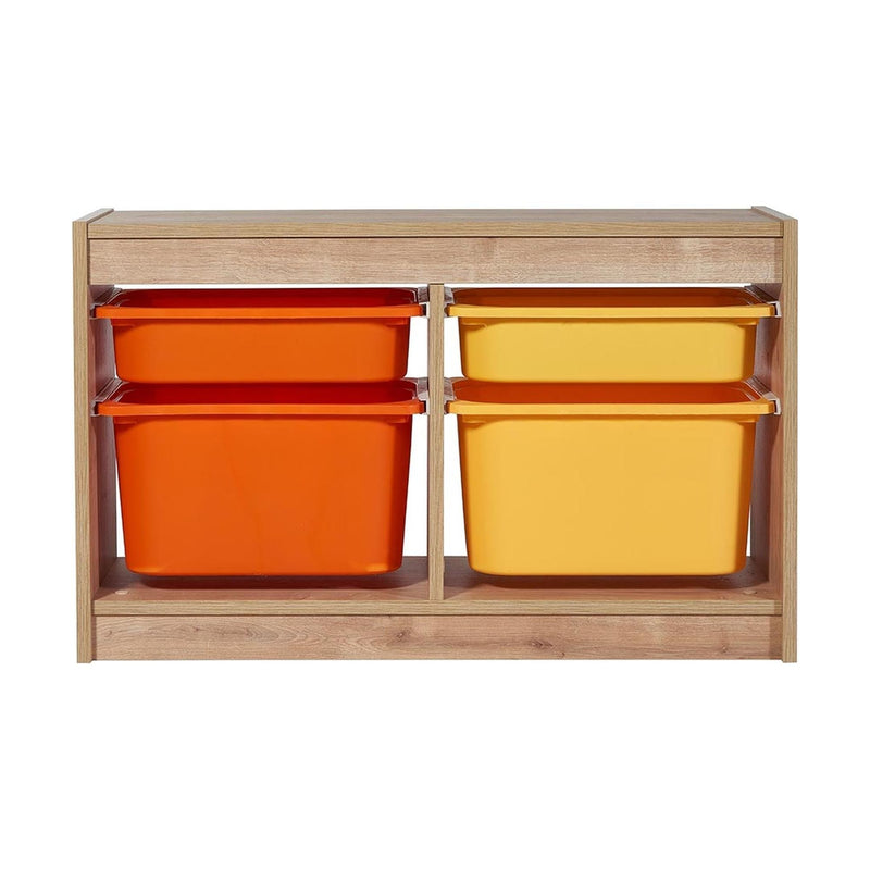 Comoda cu 4 cutii depozitare Tuvalle 059, stejar/galben/portocaliu, PAL/plastic, 92x31x56 cm