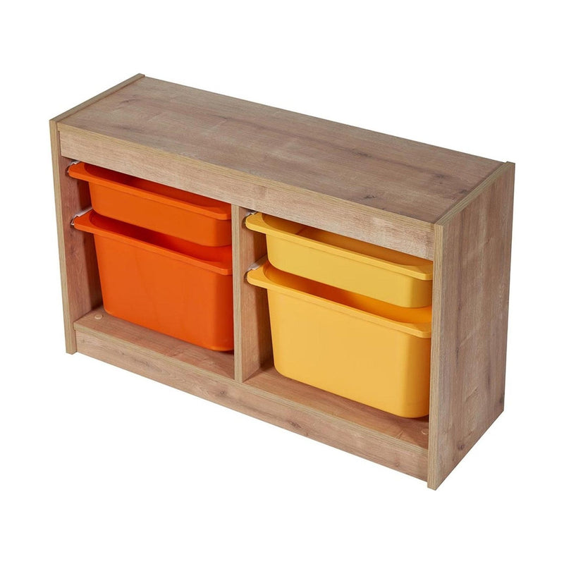 Comoda cu 4 cutii depozitare Tuvalle 059, stejar/galben/portocaliu, PAL/plastic, 92x31x56 cm