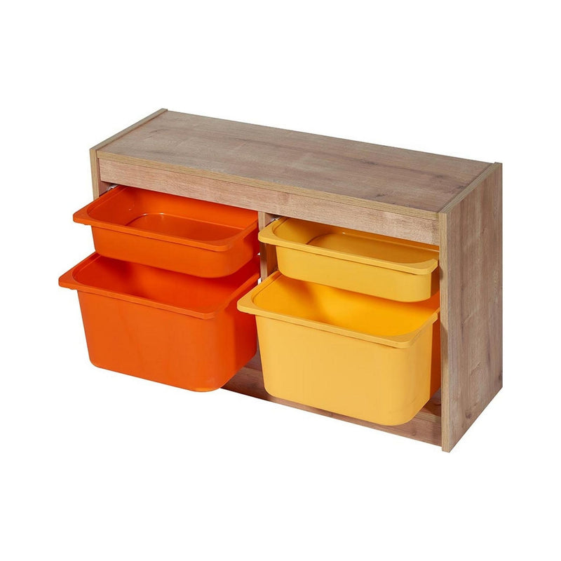 Comoda cu 4 cutii depozitare TUVALLE 059, stejar/galben/portocaliu, PAL/plastic, 92x31x56 cm