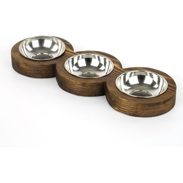 Set 3 boluri pentru hrana animale PET010, nuc/crom, lemn/metal, 17x48x4 cm