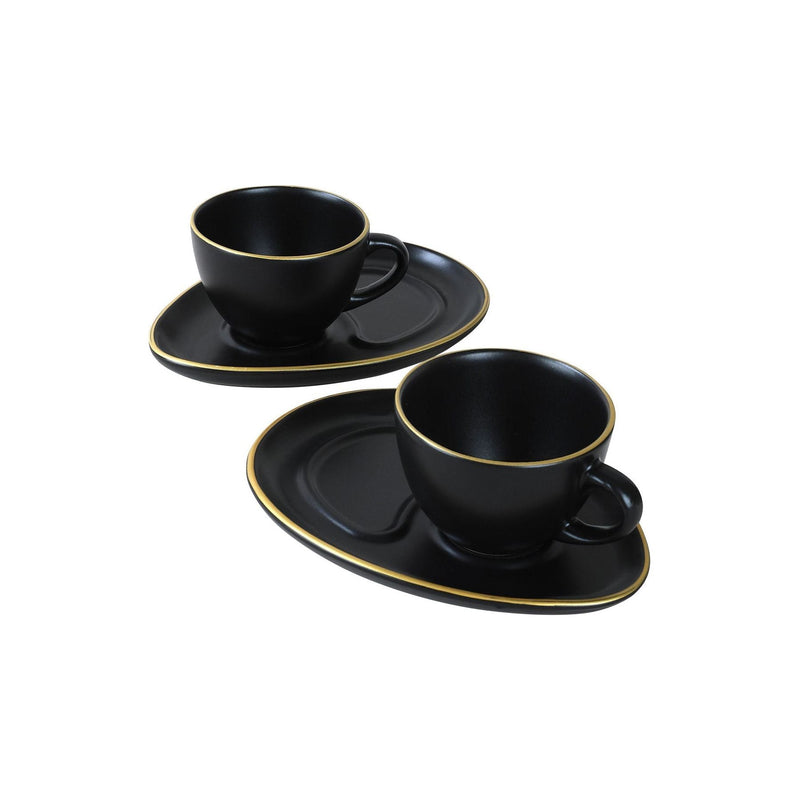 Set 2 cesti cu 2 farfurii cafea 275KRM1494, negru/auriu, ceramica, 9x7 cm -215 ml