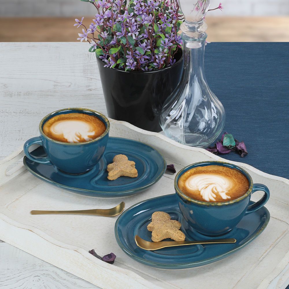 Set 2 cesti cu 2 farfurii 275KRM1495, turcoaz, ceramica, 215 ml