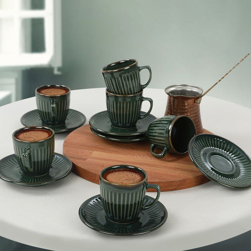 Set 6 cesti cu 6 farfurii cafea 275KRM1654, verde, ceramica, 95 ml