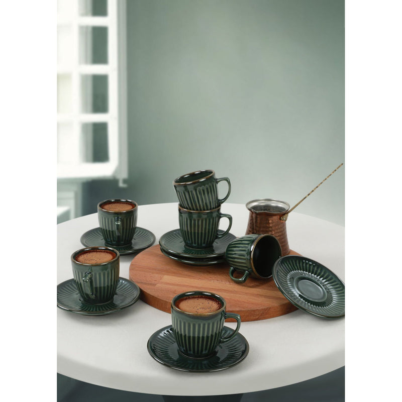 Set 6 cesti cu 6 farfurii cafea 275KRM1654, verde, ceramica, 95 ml