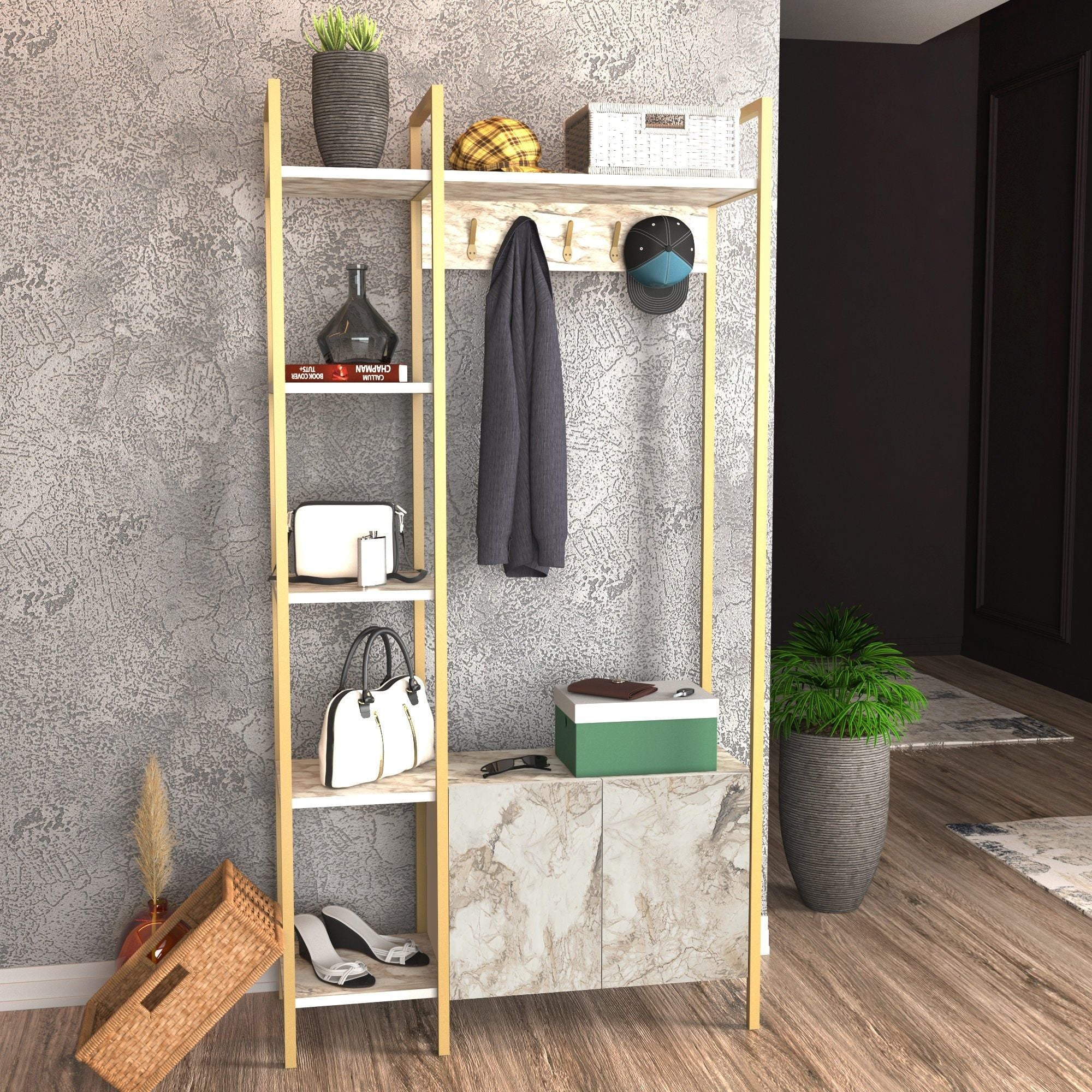 Mobiler hol DOGA, auriu/bej cu efect de marmura, PAL melaminat, 90x35x175 cm