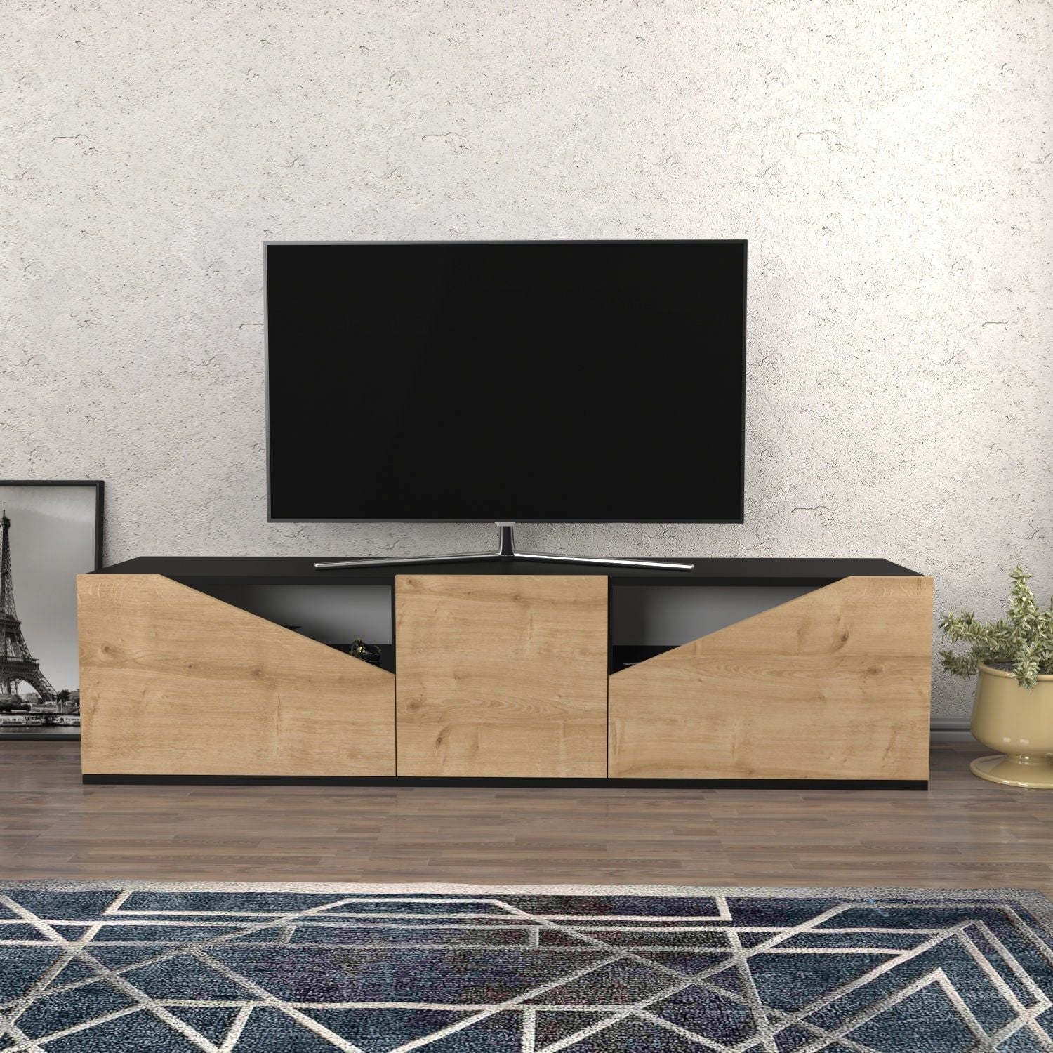 Comoda TV CARSON, stejar/negru, PAL melaminat, 160x35x40 cm